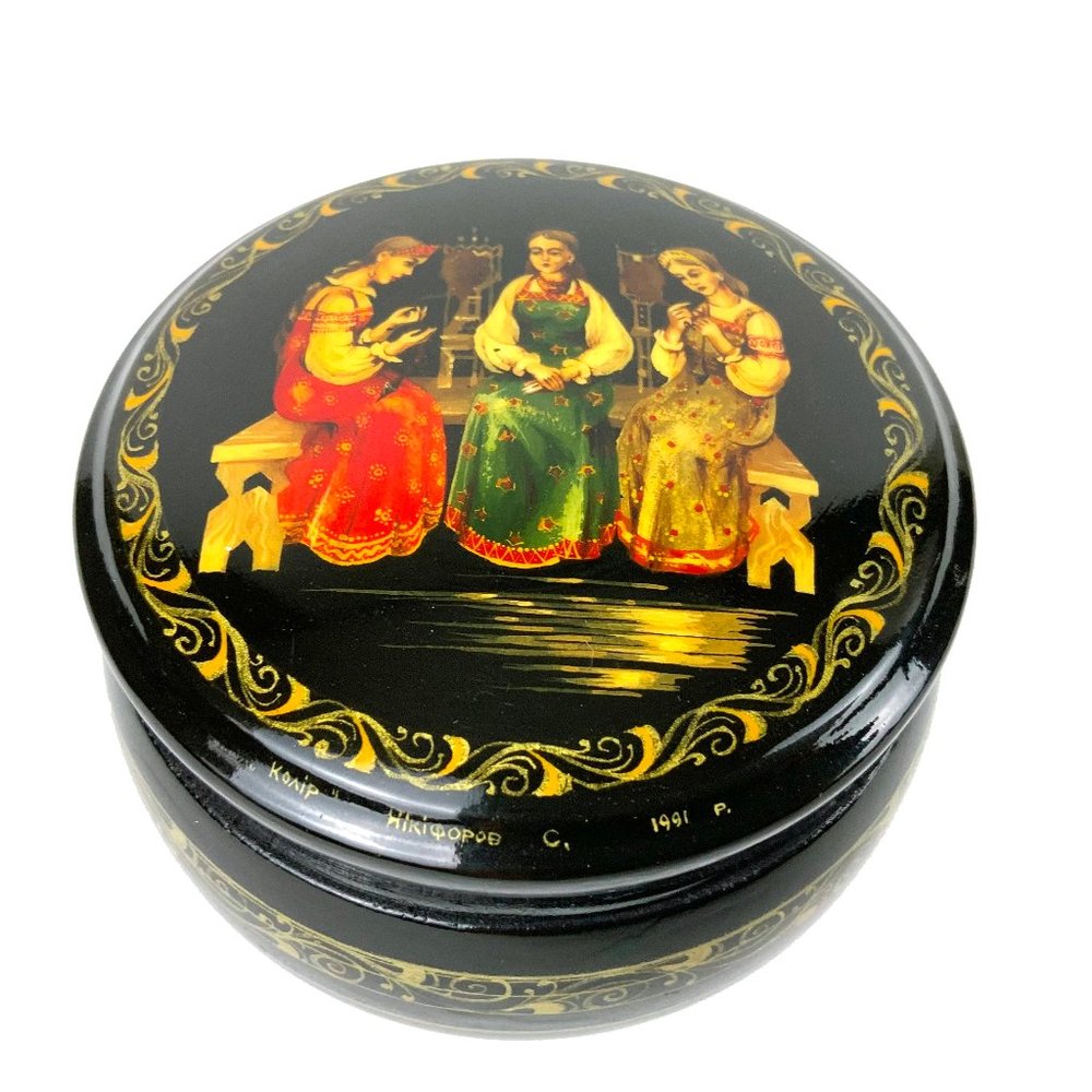 Vintage Russian Hand Painted Lacquer Round Box 3 Sisters Folk Art